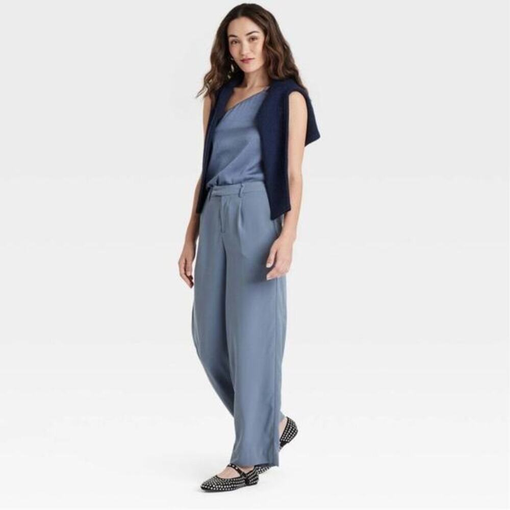 A New Day Women's High‎ Rise Satin Side Striped Straight Trousers Blue Size 12